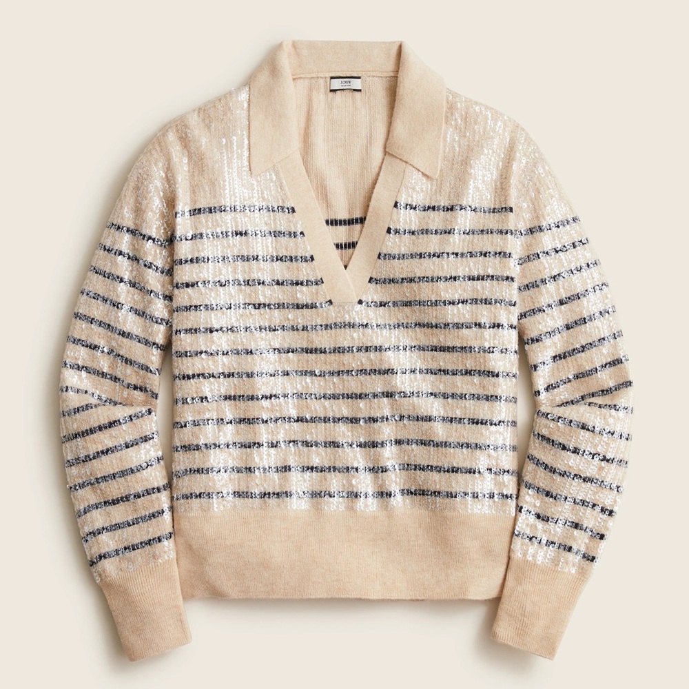 J.Crew Collection Collared Polo V-neck sequin sweater in stripe
